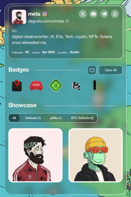 A profile page for 'meta' on degods.com, describing them as a digital creative/writer focused on AI, EVs, Tech, crypto, NFTs, Solana, with 6K followers and NFT showcases.