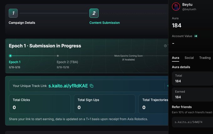 A Submissoin dashboard campaign details interface for Kaito, showing Epoch 1 in progress with a unique track link, 0 clicks, 0 sign ups, and 0 trajectories, with an Aura total of 184.