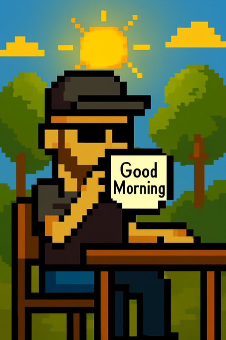 The image features a man sitting at a table with a cup of coffee, wearing sunglasses and holding a sign that says "Good morning!". The scene takes place outdoors, possibly during sunrise or sunset, as indicated by the sun rising above the horizon. The overall atmosphere is relaxed and casual, suggesting that it could be an advertisement for a coffee shop or a social media post promoting a good morning routine.