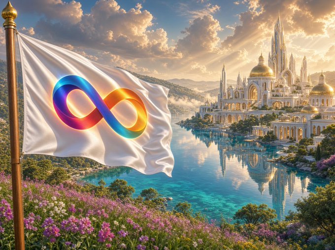 A digital artwork depicting a white flag with a colorful infinity symbol fluttering before a fantasy cityscape of white and gold palaces beside turquoise waters.