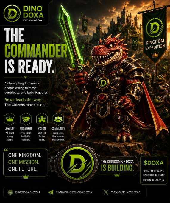 A promotional poster for 'DINO DOXA / KINGDOM OF DOXA' declaring 'THE COMMANDER IS READY,' featuring a red dinosaur warrior named Rexar in golden armor holding a glowing green sword, with slogans like 'ONE KINGDOM. ONE MISSION. ONE FUTURE.' and the $DOXA token ticker.