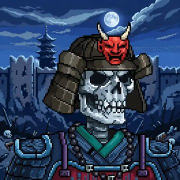 Pixel art illustration of a skeletal samurai wearing traditional Japanese armor and a kabuto helmet adorned with a red demonic face and horns, set against a night sky with a full moon and pagoda.