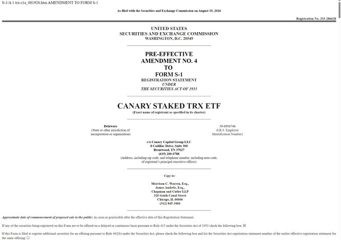 The image shows a Pre-Effective Amendment No. 4 to a Form S-1 Registration Statement filed with the SEC for the "Canary Staked TRX ETF," with Canary Capital Group LLC listed as the registrant based in Brentwood, TN. This filing relates directly to the post, as it provides SEC documentation for the TRON (TRX) staking ETF that Justin Sun referenced, which is being launched by Canary Funds and intended to list on Cboe on September 9.