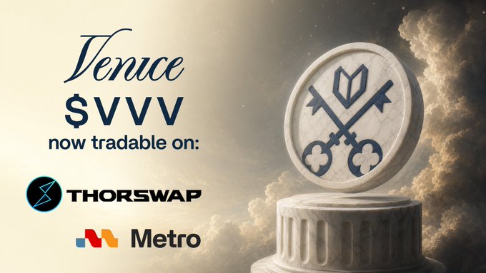 A promotional image announcing 'Venice $VVV now tradable on THORSWAP and Metro', featuring a marble medallion with crossed keys.