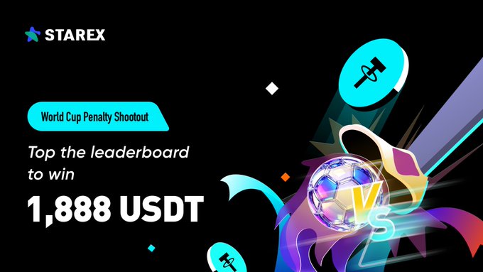 STAREX promotional banner for a World Cup Penalty Shootout game, advertising 1,888 USDT prize for topping the leaderboard, featuring colorful graphics of a soccer ball and weightlifting dumbbell.