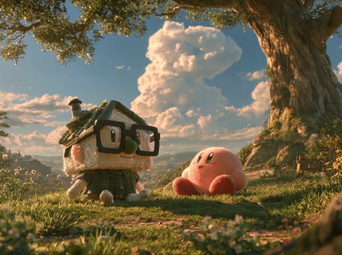 A plush Kirby sits peacefully in a grassy field next to a quaint, bespectacled house under a dramatic cloudy sky. The cozy scene ties into the post's playful crypto hype about "Kirbyonhood" on Robinhood, framing the pink character as the calm before the next big "runner" breakout.