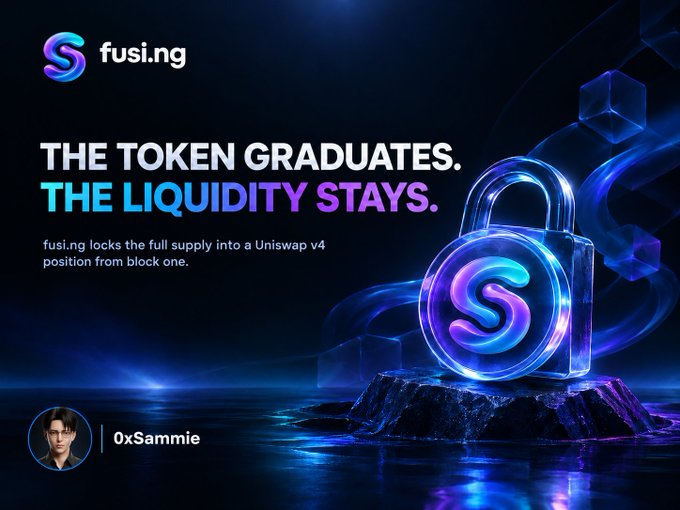 A promotional graphic for fusi.ng by 0xSammie reading 'THE TOKEN GRADUATES. THE LIQUIDITY STAYS.' with a glowing blue padlock featuring the 'S' logo on a rocky base.