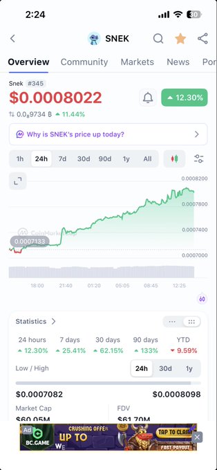 A mobile phone screenshot of a crypto tracker app showing the token 'SNEK' at $0.0008022, up 12.30% in 24 hours, with a green price chart.