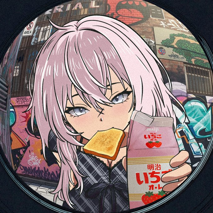 An anime-style illustration of a pink-haired girl eating toast while holding a Meiji strawberry milk carton, framed within a circular view against a graffiti-covered background.
