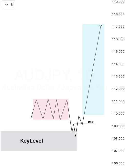 A trading chart for the AUDJPY (Australian Dollar/Japanese Yen) pair showing a price range around 106.000–119.000, with annotations highlighting a KeyLevel, a pink consolidation zone, and a CSD pattern leading to an upward breakout.