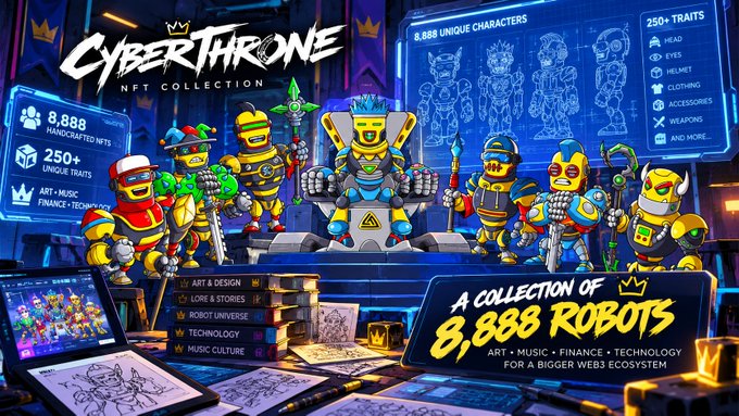 Promotional artwork for 'CYBER THRONE NFT COLLECTION', featuring 8,888 handcrafted robot characters across categories like art, music, finance, and technology.