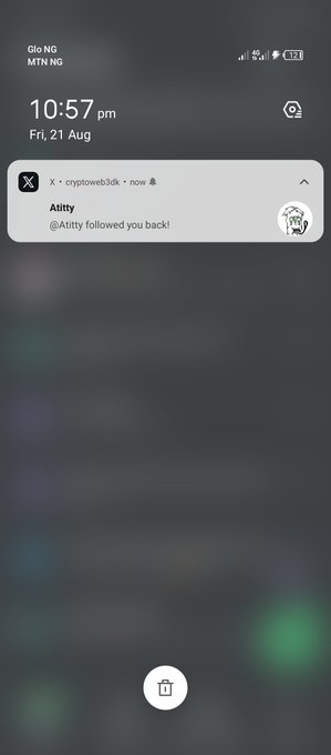 An Android smartphone notification screen at 10:57 pm showing a Twitter/X notification that '@Attlty followed you back!' from cryptoweb3dk.