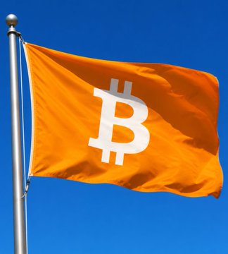 An orange Bitcoin flag with a white ₿ symbol waves from a silver flagpole against a clear blue sky.
