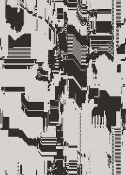 A high-contrast black-and-white glitch-art image with distorted geometric patterns and fragments.