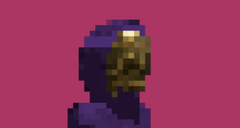 Low-resolution pixel art image showing a dark purple hooded figure with a brown/gold face, possibly holding something, set against a solid magenta background.