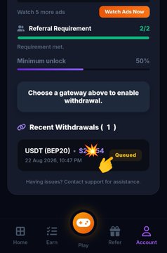 The image shows a mobile app interface for "XEarn" displaying a pending withdrawal of 2,344 SWAP (BEP20) tokens, with status "Queued" and dated 22 Aug 2026 at 10:47 PM, alongside referral progress at 2/2 and a minimum unlock threshold of 50%. The screenshot illustrates the withdrawal functionality of the platform mentioned in the post, where users can cash out their earned rewards once they reach the $5 minimum threshold.