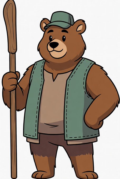 An illustration of an anthropomorphic brown bear wearing a green vest and matching cap, holding a wooden walking stick.