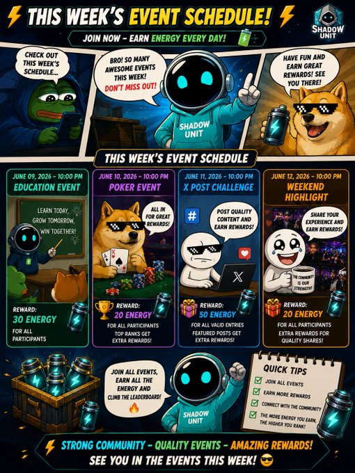 The image features a poster for an event, with a cartoon dog as the main character. The poster includes various descriptions of different activities that are taking place at this event, such as "join now - earn energy every day!" and "shade unit". There is also information about prizes available at the event, including "rewards", "quality events!", and "amazing rewards!".