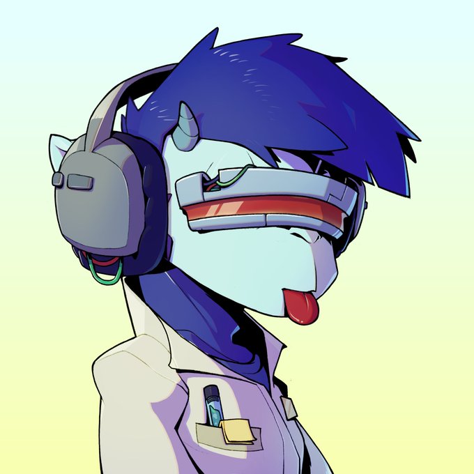 A stylized digital drawing of a character with dark blue spiky hair, cyan skin, small horns, headphones, and a futuristic red visor, wearing a light-colored jacket with pens in the pocket.