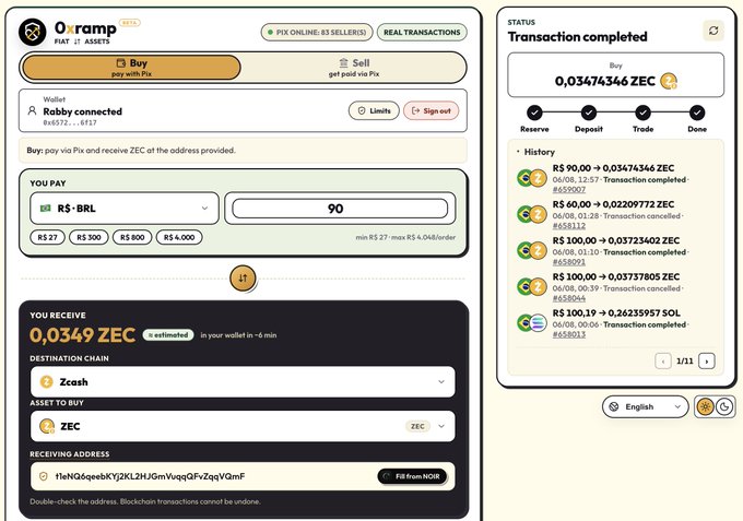 A screenshot of the "Pix Ramp" fiat-to-asset exchange platform showing a successful Pix-to-Zcash (ZEC) transaction in Brazil, where a user paid R$90 BRL to receive 0.03474346 ZEC, with a transaction history on the right confirming multiple completed and canceled ZEC trades on dates like 06/08 and 06/06—illustrating the active Brazilian crypto-fiat trading activity referenced by "Vale a pena conferir."