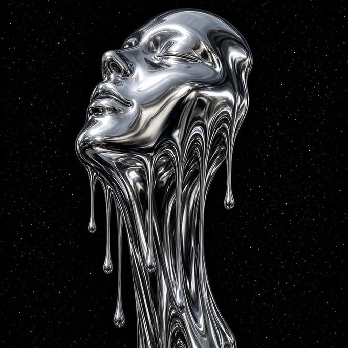 A 3D rendering of a metallic, liquid-like humanoid head melting and dripping downward against a starry black background.