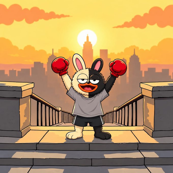A cartoon half-white, half-black rabbit wearing red boxing gloves and a gray t-shirt stands triumphantly with raised fists on a city rooftop at sunset. The image ties into the "$Boro Airdrop" promotion, with the fierce, prize-fighter-style rabbit mascot symbolizing the boxing-like competitive rush to claim rewards before the first 999 wallets complete the steps.