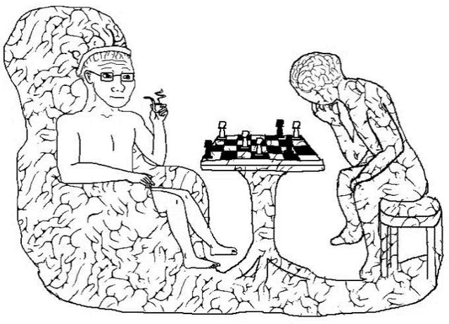 A black-and-white illustration depicting two humanoid figures playing chess, one seated calmly in a chair and the other hunched over in concentration on a small stool.