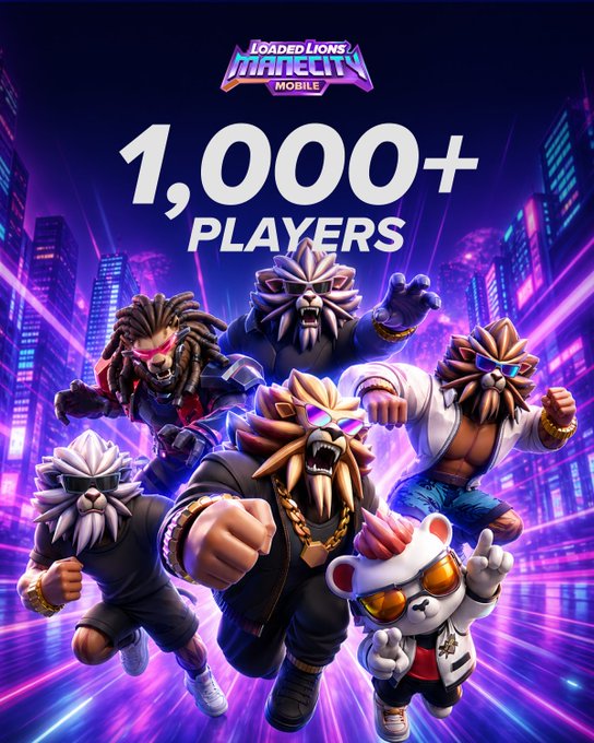 A promotional graphic for 'Loaded Lions ManeCity Mobile' celebrating 1,000+ players, featuring stylized lion characters in an urban nighttime setting.