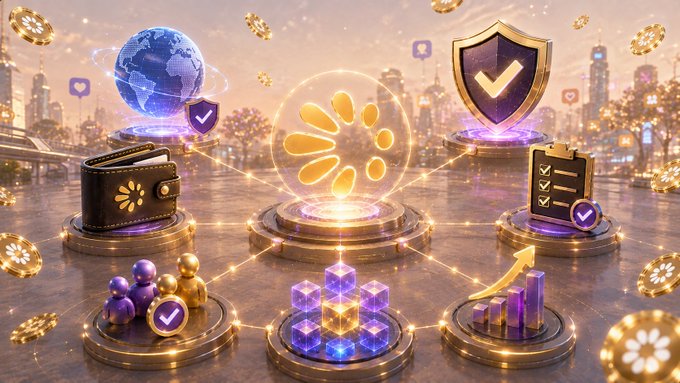 A glowing 3D render displays a network of golden pedestals featuring a "Cryptocat" logo, shield with a checkmark, wallet, globe, people icons, clipboard checklist, cubes, and a rising bar chart—all interconnected by light beams against a city skyline with floating coins. The image visually reinforces the post's message about the CryptoCat Airdrop's fair-play verification system, with each icon symbolizing key elements like security (shield), community (people), rewards (coins/charts), and activity tracking (checklist).