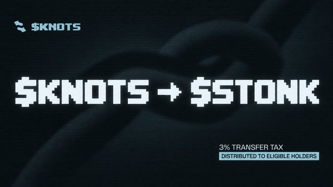 The image displays a pixelated promotional graphic for a token swap, reading "$KNOTS + $TONK" with a note stating "3% TRANSFER TAX DISTRIBUTED TO ELIGIBLE HOLDERS" against a dark background featuring a chain link motif. The "$KNOTS + $TONK" branding supports the post's message about holders earning passive $STONK rewards just for holding $KNOTS.