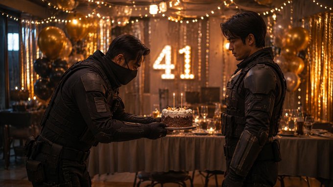 Two people in tactical attire stand facing each other at a warmly lit celebration, with one presenting a birthday cake lit with candles in front of a glowing "41" sign. The pairing of the image with the post suggests a symbolic "happy 41st" or milestone celebration tied to strengthening the partnership between #JASMY and #JANCTION.