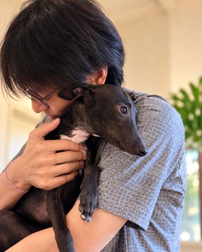 A man with glasses and dark hair tenderly holds a sleek black whippet close to his chest in a warm embrace. The image conveys a sense of personal connection and care, complementing the post's introduction of "Leo," a solo builder, by reflecting his approachable, down-to-earth personality beyond his work in AI and crypto.
