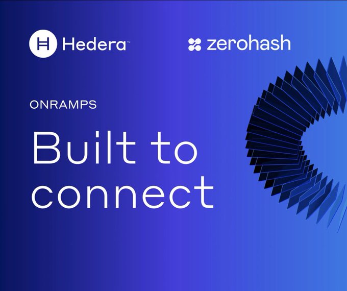 The image features a blue background with white text that reads "Built to Connect" followed by a logo for Hedera's latest institutional signal. The text emphasizes the importance of distribution, which is relevant to the fintech industry where various financial services are provided through digital platforms and infrastructure layers.