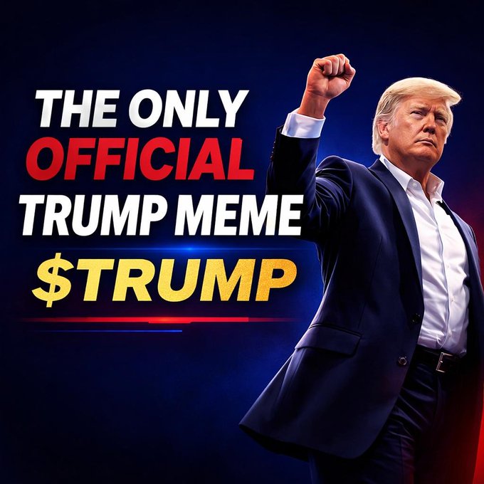 A promotional image for the $TRUMP meme coin featuring Donald Trump with a raised fist, accompanied by the text 'THE ONLY OFFICIAL TRUMP MEME $TRUMP'.