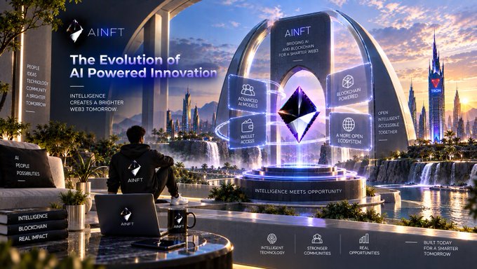 A futuristic advertisement for 'AINFT' displays the slogan 'The Evolution of AI Powered Innovation' with a figure overlooking a holographic Ethereum logo surrounded by futuristic architecture.