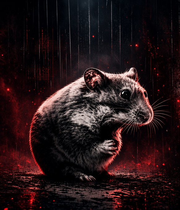 A dramatic digital artwork of a gray hamster sitting against a dark background illuminated by intense red lighting with vertical light streaks.
