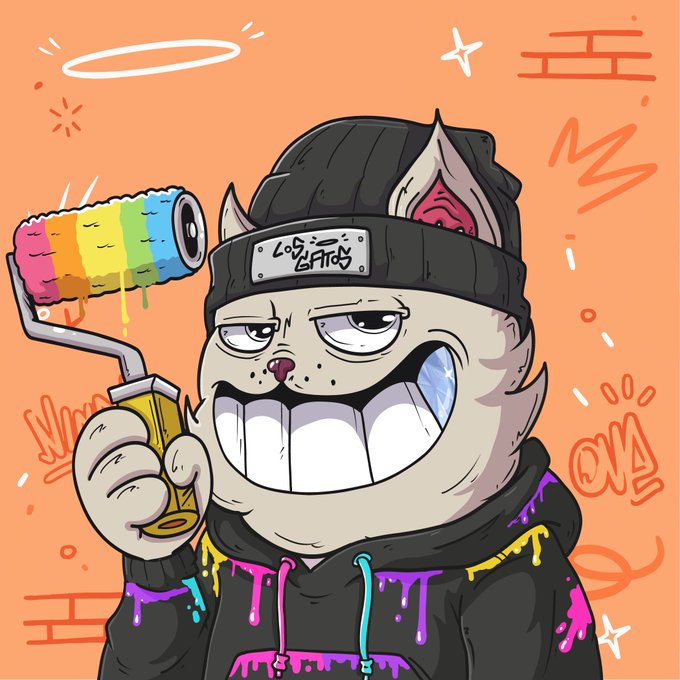 The image features a cartoon cat wearing a hoodie with colorful paint splatters, holding a roller brush and smiling at the camera. The caption reads "LOS GATOS are coming to $HBAR A new squad is getting ready to enter the chain." This suggests that the cat might be involved in some form of street art or graffiti activity, possibly related to the post about whitelisting sites.
