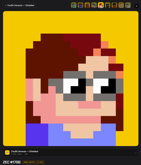 A pixel art NFT profile picture from the ZecBit Genesis — Shielded collection (ZEC #1798, Rank #3273/3,333) is displayed against a yellow background, showing a blocky face with brown hair, gray glasses, and a blue shirt. The image humorously illustrates the post's complaint about looking like a "retard lego NFT," with the pixelated aesthetic resembling low-resolution LEGO art causing the user's "depression" despite rising prices.