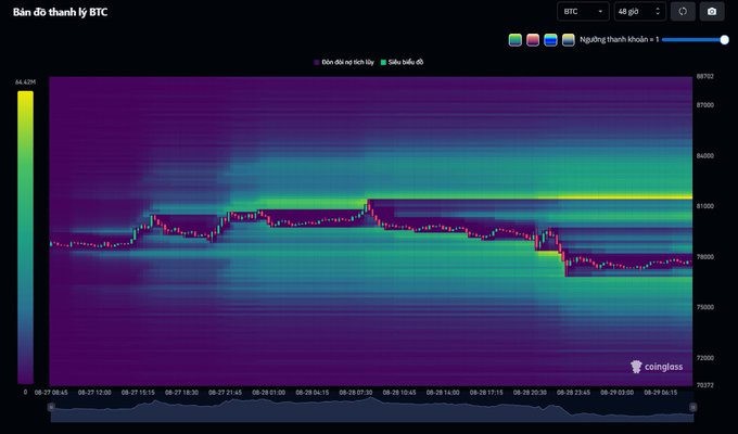 A Coinglass BTC liquidation heatmap (Bản đồ thanh lý BTC) showing price action consolidating around the $79,000-$81,000 range over a 48-hour timeframe.