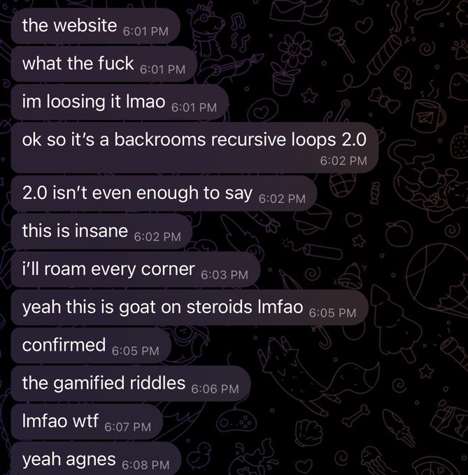 A screenshot of a Discord conversation with text including 'the website', 'what the fuck', 'im loosing it lmao', 'ok so it's a backrooms recursive loops 2.0', 'this is insane', 'yeah this is goat on steroids lmfao', and 'yeah agnes'.