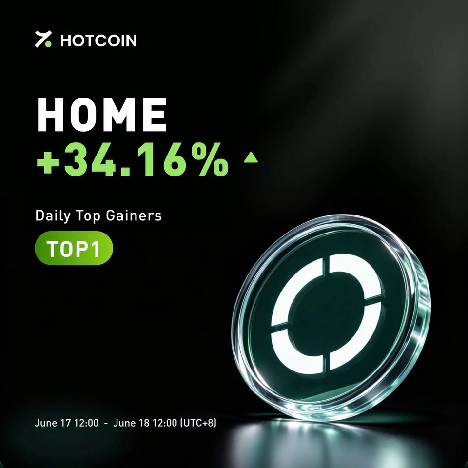 The main focus of the image is a coin, likely a Bitcoin or another cryptocurrency, placed on a black background with some white text around it. The text reads "Home +34.16%(+)Daily Top Gainer", which seems to be related to a trading platform called Hotcoin. The website is hosting an advertisement for daily gains in the form of a coin symbol.