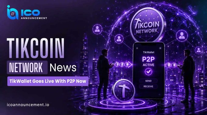 A graphic from ICO Announcement announcing that TikWallet has gone live with P2P functionality for the TikCoin Network, featuring a stylized purple smartphone displaying "TikWallet P2P ACTIVE" with Send and Receive buttons, alongside silhouettes of users and a glowing TikCoin coin against a futuristic cityscape.