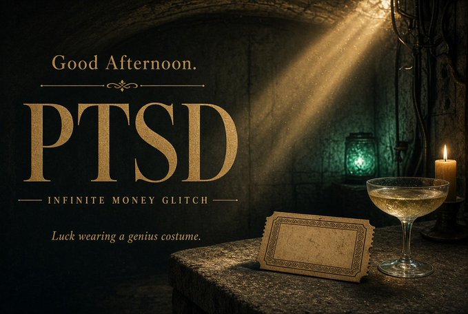 A dark, atmospheric meme graphic with text 'Good Afternoon. PTSD - INFINITE MONEY GLITCH - Luck wearing a genius costume.' displayed alongside a cocktail glass and glowing lantern.