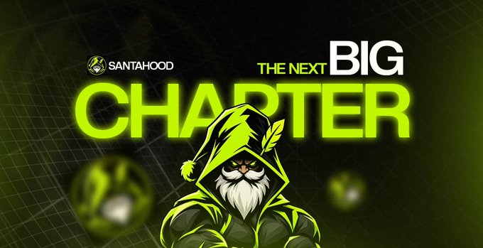 A promotional graphic with the text 'SANTAHOOD THE NEXT BIG CHARTER' featuring a hooded, masked character illustration in neon green.