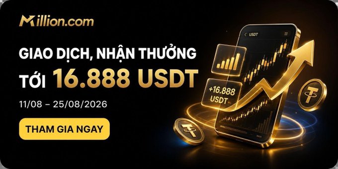 A promotional banner for Xillion.com advertising a reward of up to 16.888 USDT for trading between 11/08 and 25/08/2026, featuring a smartphone graphic with a rising chart.