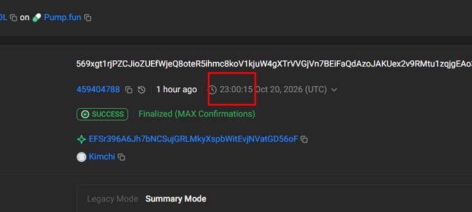 A dark-mode Pump.fun transaction screenshot highlights the time “23:00:15” and shows “SUCCESS — Finalized (MAX Confirmations)” for an address beginning “569xgttjrPZC…,” along with the token/ticker “Kimchi.” The post appears to criticize users for falling for new ways Pump.fun extracts value or fees, illustrated by this finalized transaction.
