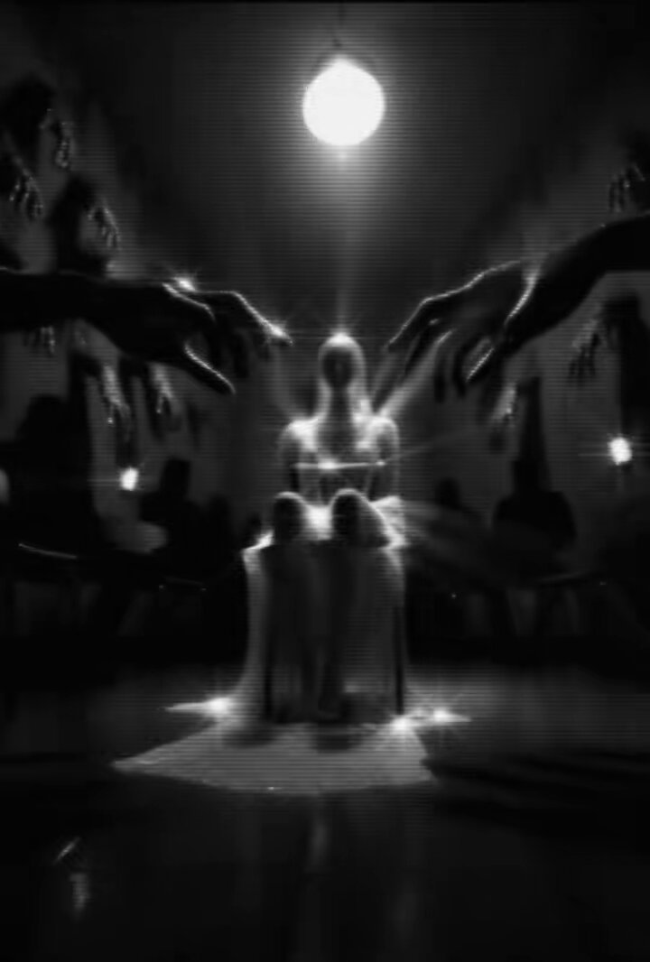 The image has been edited into black and white, giving it a dreamy, spooky atmosphere that makes it seem like there are ghostly figures floating around. The photo features two people sitting next to each other facing away from the camera on either side. There is also an outline of a person's head in the middle area, which adds to the feeling of being enveloped by darkness and mystery. The post seems to be promoting something related to photography or editing techniques used to create the effect, possibly titled "Ode al Nulla me x 8.88 tez @libertyvisions".