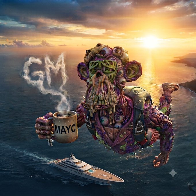A surreal digital artwork of a mutant ape character with green glasses holding a mug labeled 'MAYC' while floating over the ocean next to a yacht at sunset, with 'GM' spelled out in smoke.