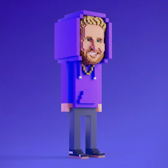 A 3D voxel/blocky-style character illustration of a smiling man with blonde hair, a beard, wearing a purple hoodie, dark pants, and blue shoes, set against a blue gradient background.