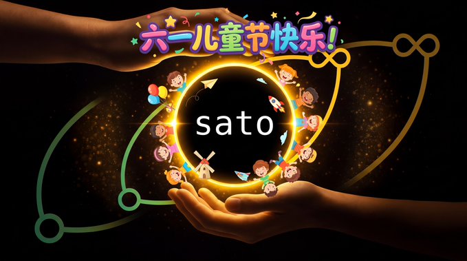 The image features a pair of hands holding up a sign that says "Sato" written in Chinese characters, with a circle containing many cartoon-like figures surrounding them. The background of the image is black, which contrasts with the colorful elements on the sign. The text "兄弟们 关于 $SATO 无需多言 如果你还持有", written in Chinese, suggests that this image is related to a post about Sato or something similar.